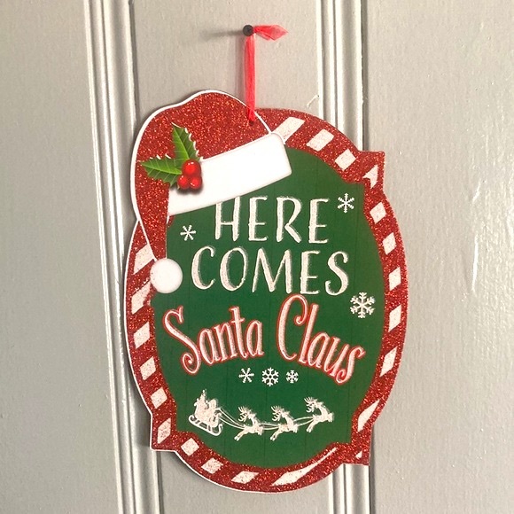 NWT Gleaming Glittered Here Comes Santa Claus Holiday Decoration Sign - Picture 1 of 11